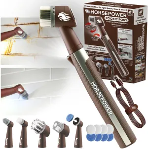 Horsepower Pocket Pony, AS-SEEN-ON-TV, Waterproof, Cordless, Pocket-Sized, Oscillating Power Scrubber, Deep Clean, Tight Spaces, Rechargeable, Grout Lines, Corners & Detailing, 5 Brush Heads & LED