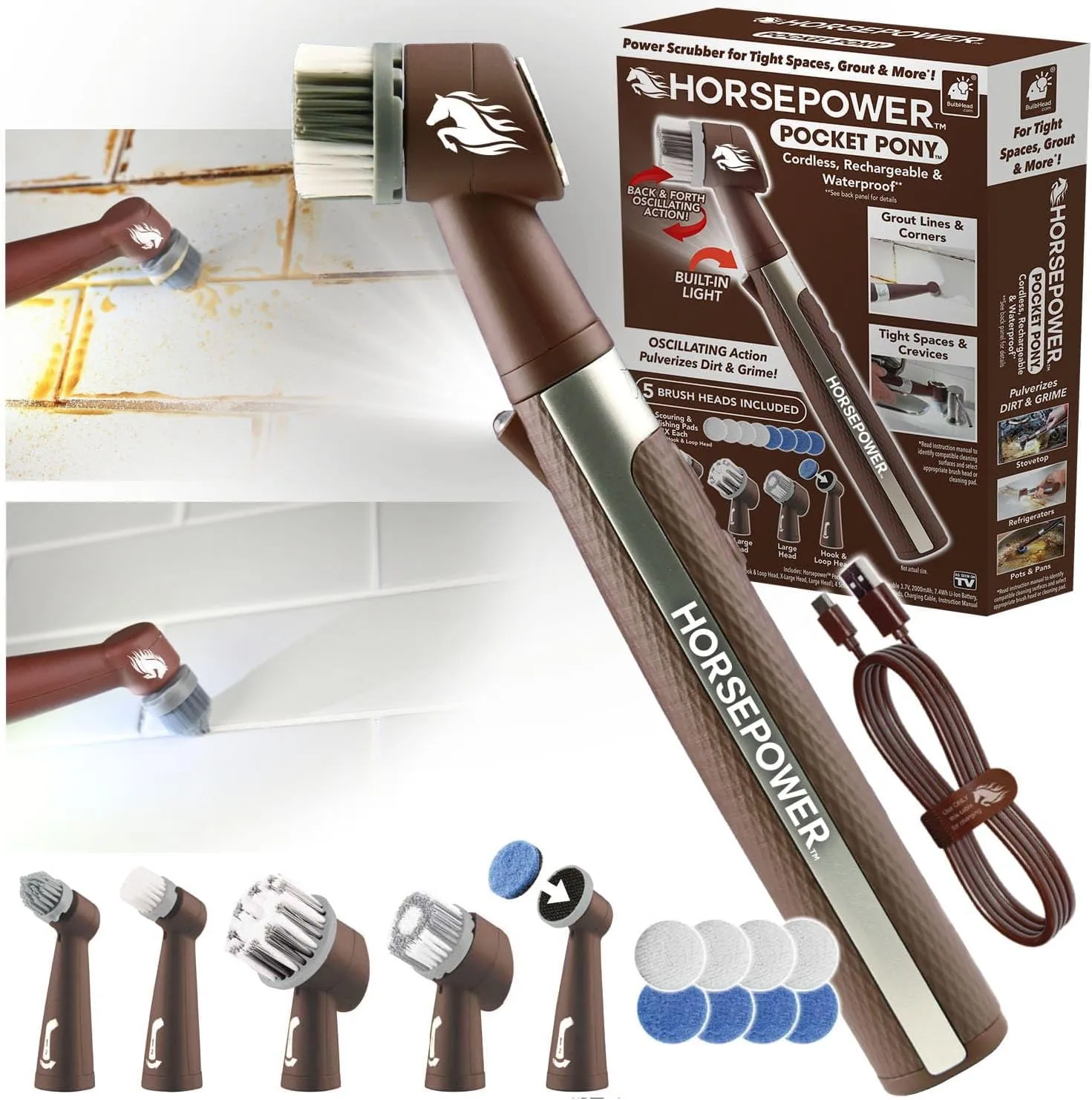 Horsepower Pocket Pony, AS-SEEN-ON-TV, Waterproof, Cordless, Pocket-Sized, Oscillating Power Scrubber, Deep Clean, Tight Spaces, Rechargeable, Grout Lines, Corners & Detailing, 5 Brush Heads & LED