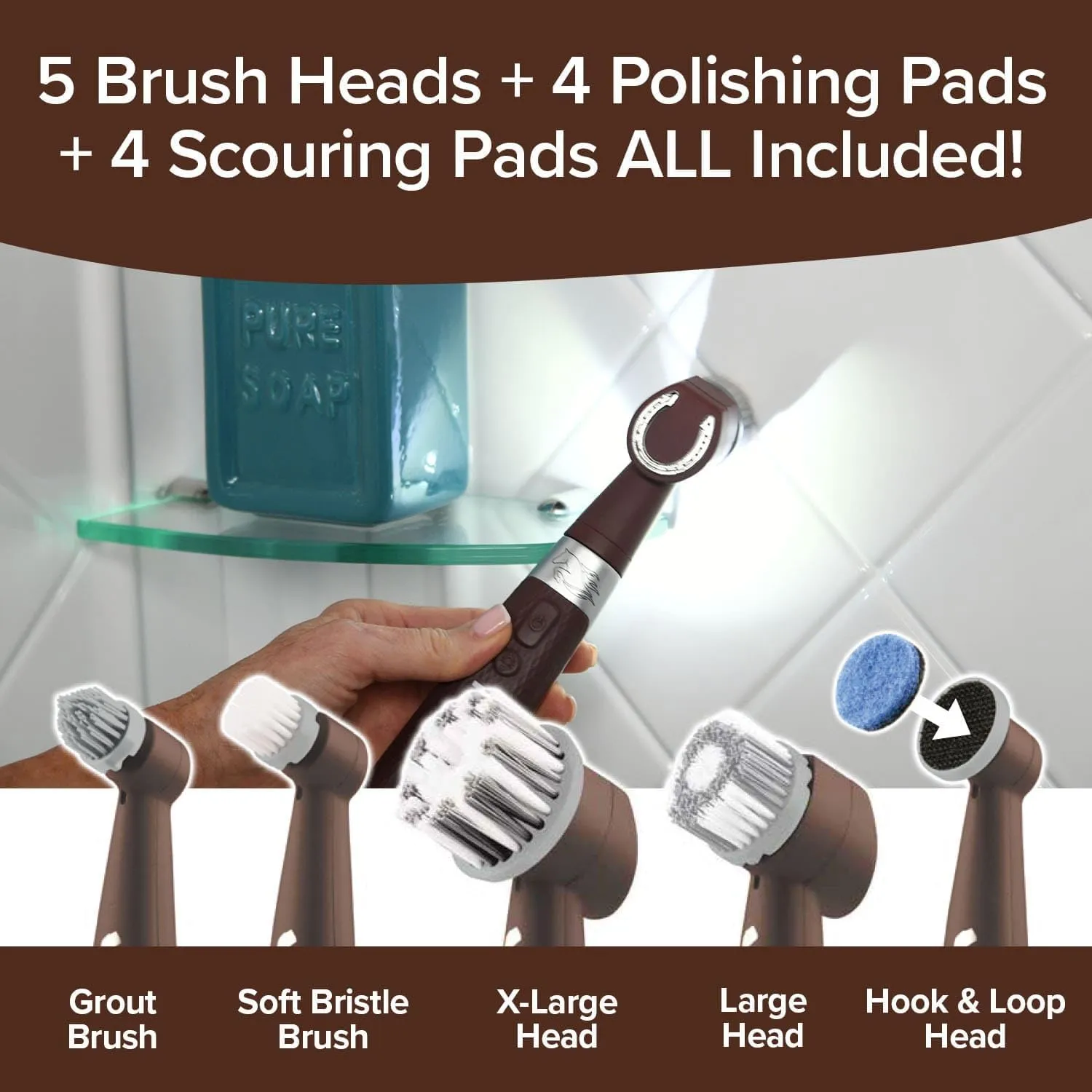 Horsepower Pocket Pony, AS-SEEN-ON-TV, Waterproof, Cordless, Pocket-Sized, Oscillating Power Scrubber, Deep Clean, Tight Spaces, Rechargeable, Grout Lines, Corners & Detailing, 5 Brush Heads & LED