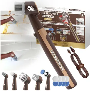 Horsepower Pocket Pony GOLD Edition AS-SEEN-ON-TV Waterproof, Cordless, Pocket-Sized, Oscillating Power Scrubber Deep Clean, Tight Spaces, Rechargeable, Grout Lines, Corners & Detailing, 5 Heads & LED