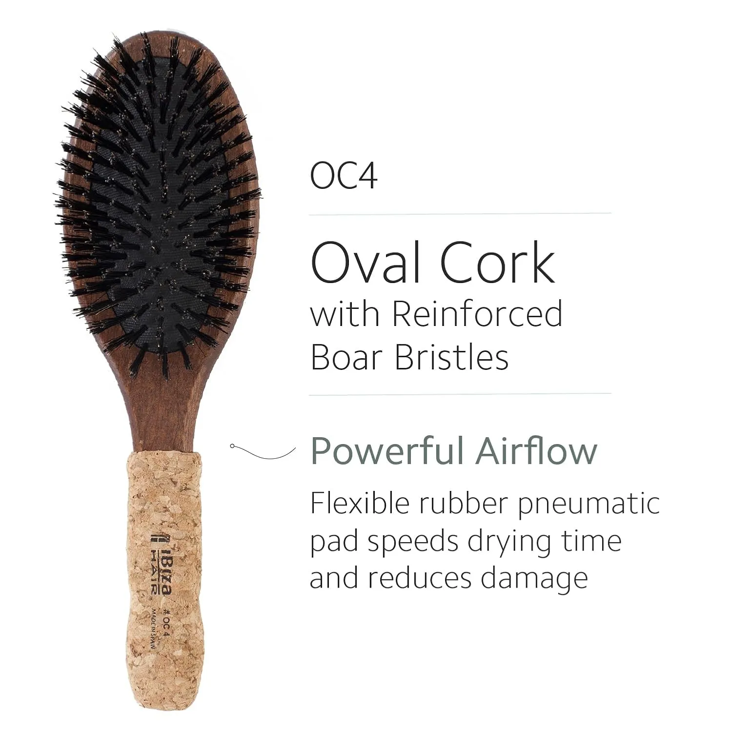 Ibiza Hair Oval Boar Flat Brush (OC Series) | Reinforced Boar & Nylon Bristles with Cork Handle | Creates Shiny Looks | Ideal for Short to Long Styles | Use Before or After Blowouts | Heat Resistant