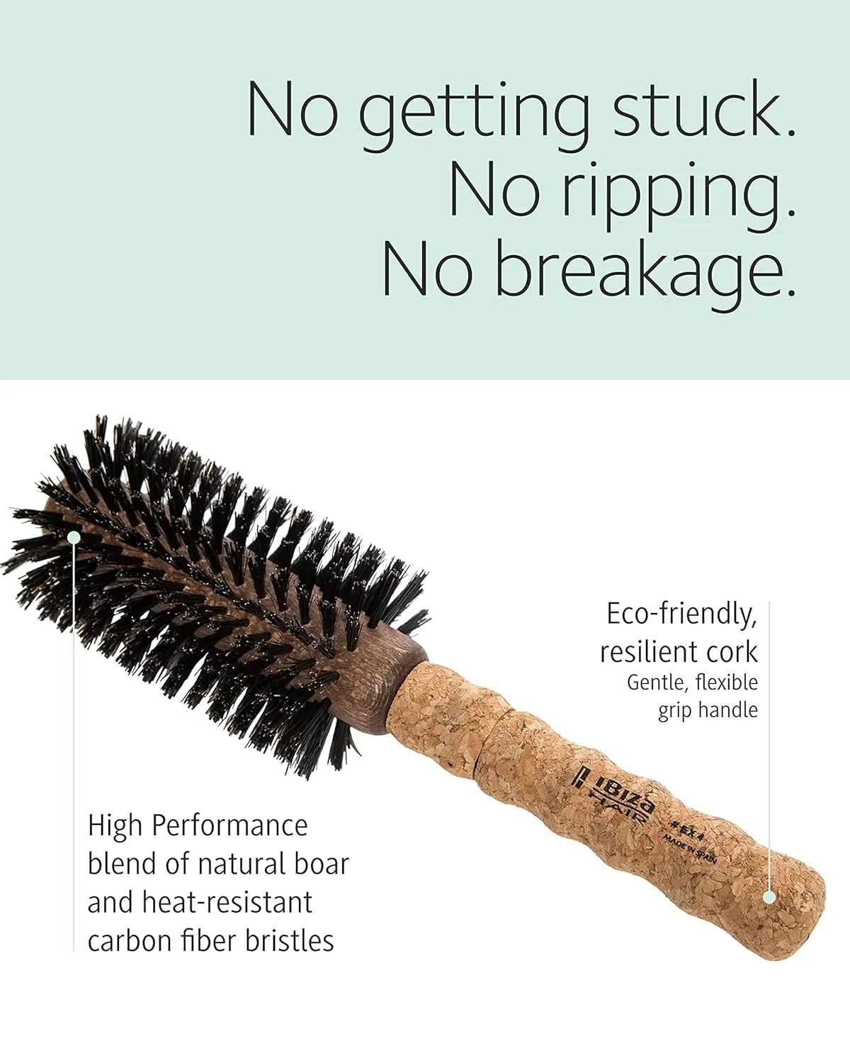 Ibiza Hair Round Boar Bristle Brush (EX Series) | Lightweight with Reinforced Bristles & Cork Handle | Adds Shine & Texture | Ideal for Medium to Long Styles