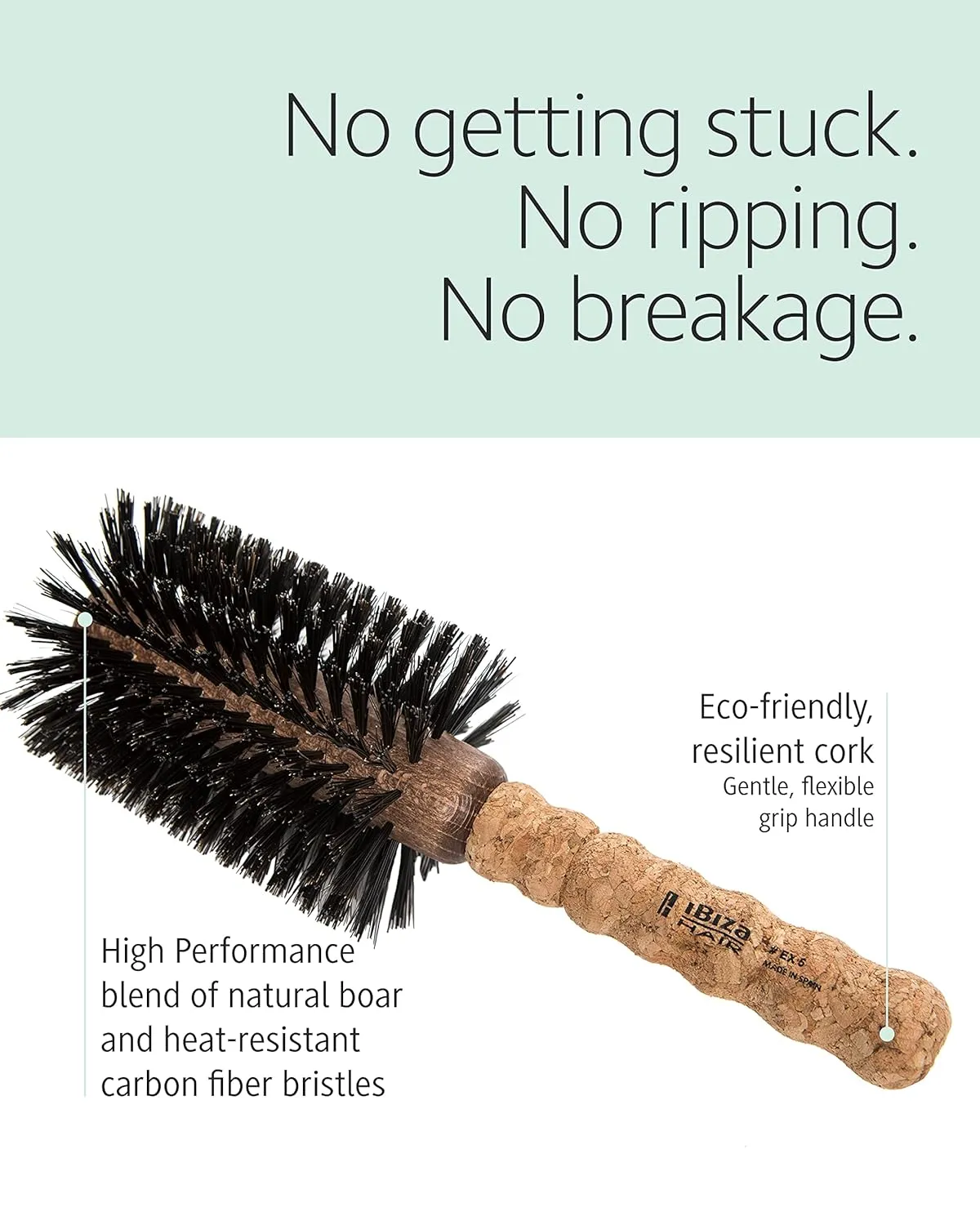 Ibiza Hair Round Boar Bristle Brush (EX Series) | Lightweight with Reinforced Bristles & Cork Handle | Adds Shine & Texture | Ideal for Medium to Long Styles