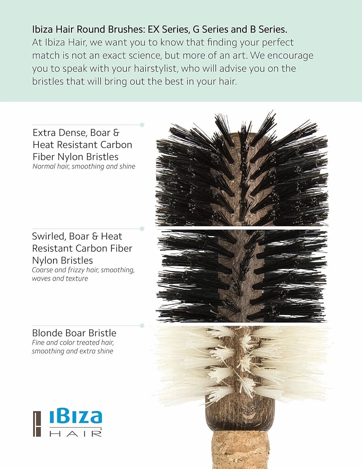 Ibiza Hair Boar Bristle Round Brush (G Series) | Hybrid Swirled Boar & Carbon Fiber Nylon Bristles with Cork Handle | Adds Shine & Texture for Medium to Long Styles