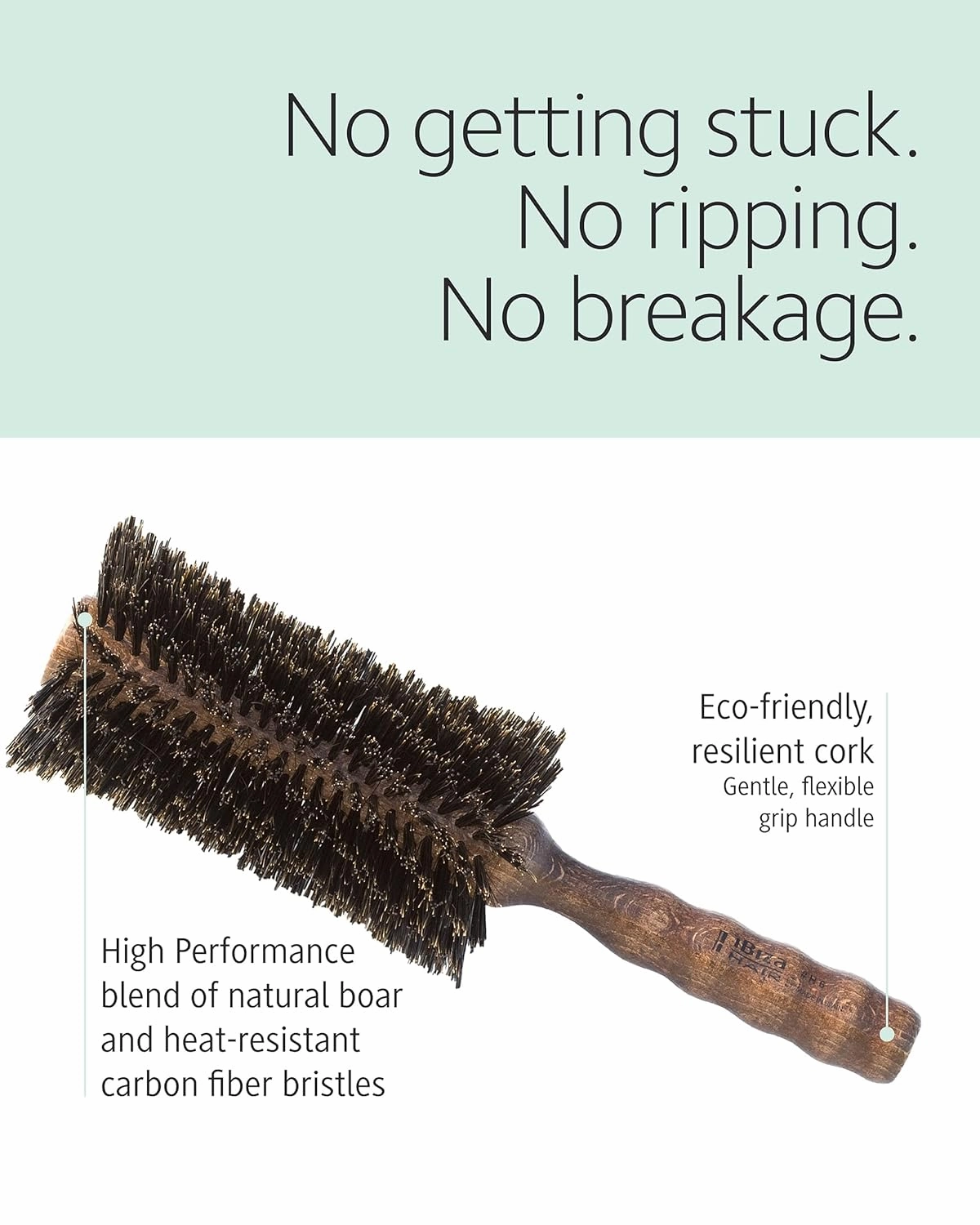 Ibiza Hair Professional Boar Hair Round Brush (H Series) Hybrid Uniform or Swirled Boar/Nylon Bristles & Hardwood Handle, Create Beachy Waves & Curls, For Course or Frizzy Hair, Add Texture & Shine