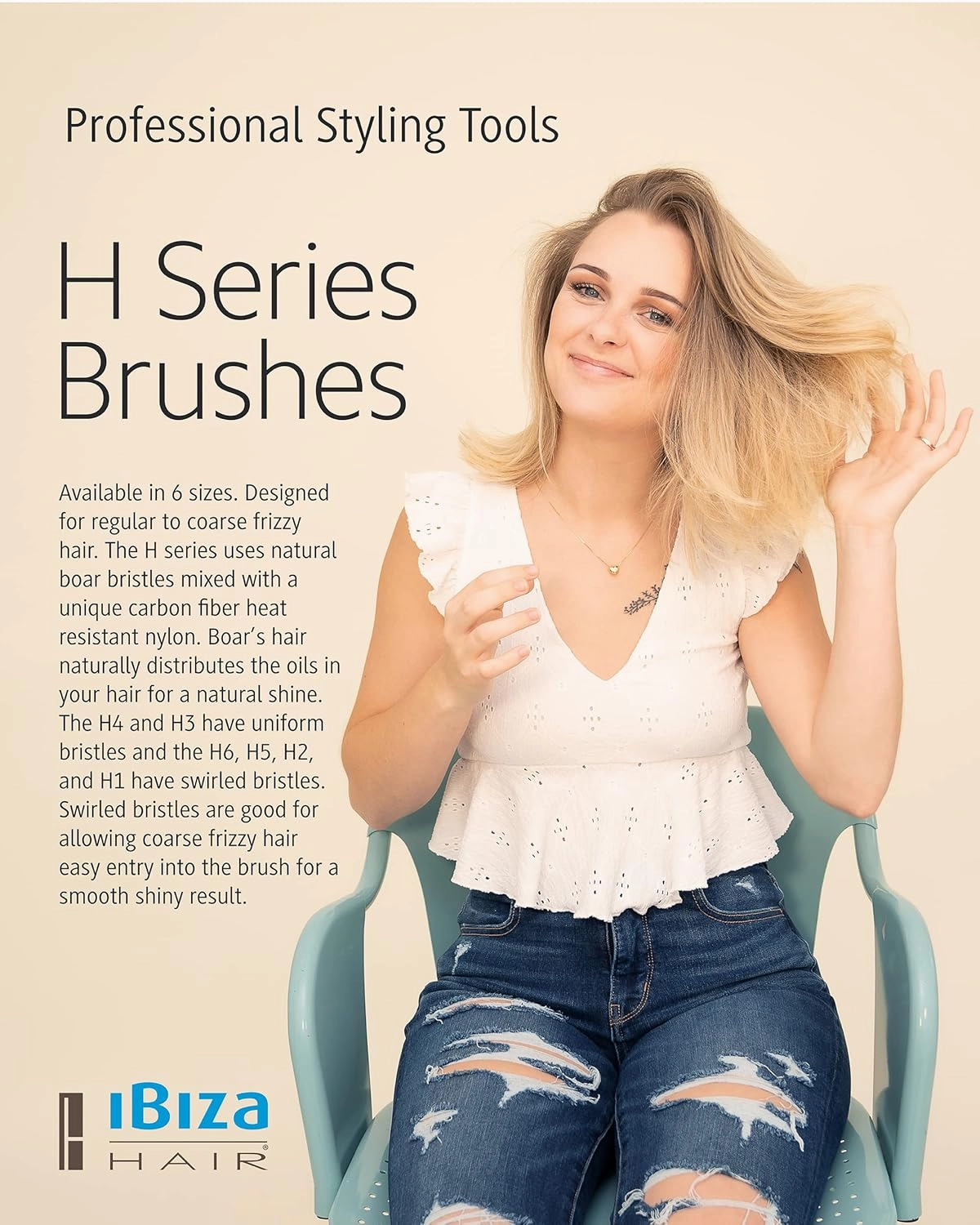 Ibiza Hair Professional Boar Hair Round Brush (H Series) Hybrid Uniform or Swirled Boar/Nylon Bristles & Hardwood Handle, Create Beachy Waves & Curls, For Course or Frizzy Hair, Add Texture & Shine
