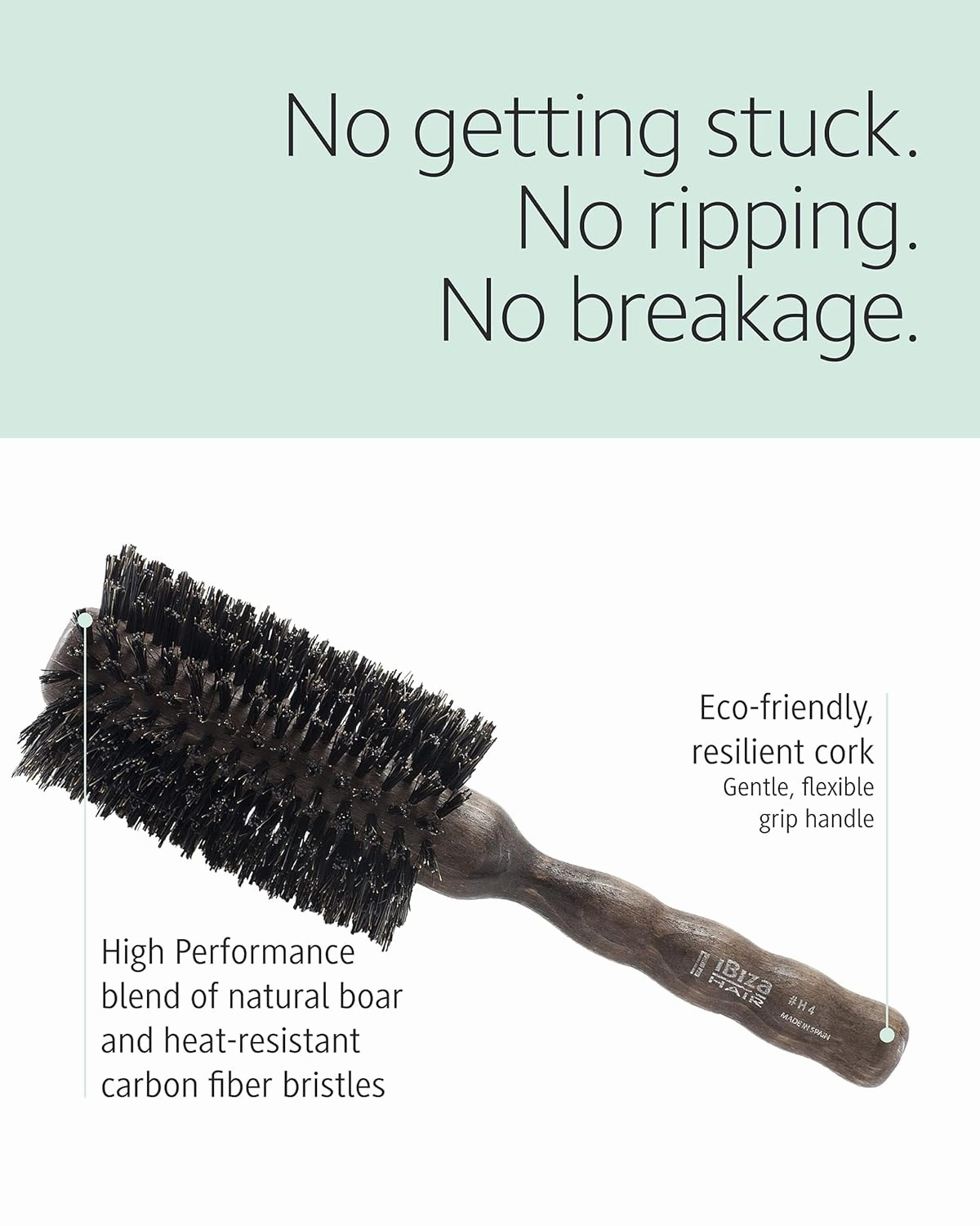 Ibiza Hair Professional Boar Hair Round Brush (H Series) Hybrid Uniform or Swirled Boar/Nylon Bristles & Hardwood Handle, Create Beachy Waves & Curls, For Course or Frizzy Hair, Add Texture & Shine