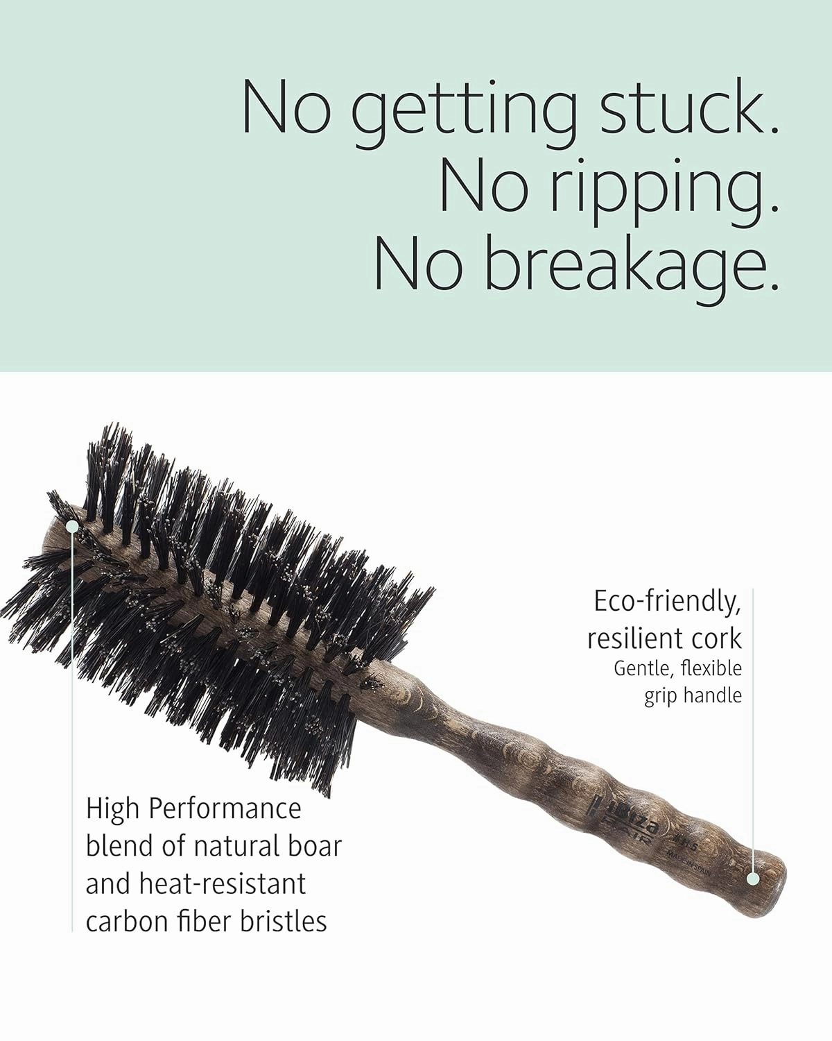 Ibiza Hair Professional Boar Hair Round Brush (H Series) Hybrid Uniform or Swirled Boar/Nylon Bristles & Hardwood Handle, Create Beachy Waves & Curls, For Course or Frizzy Hair, Add Texture & Shine