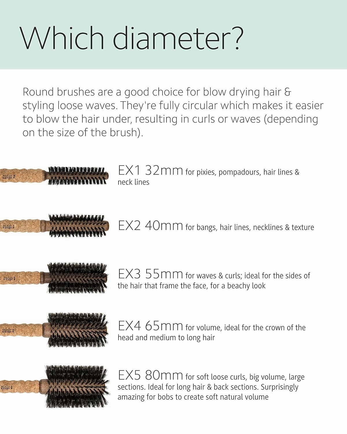 Ibiza Hair Round Boar Bristle Brush (EX Series) | Lightweight with Reinforced Bristles & Cork Handle | Adds Shine & Texture | Ideal for Medium to Long Styles
