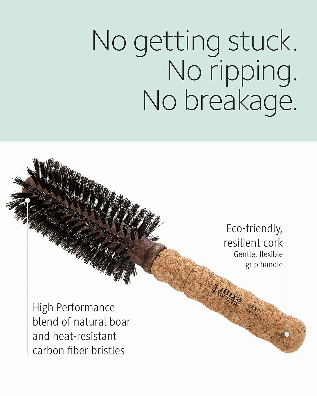 Ibiza Hair Round Boar Bristle Brush (EX Series) | Lightweight with Reinforced Bristles & Cork Handle | Adds Shine & Texture | Ideal for Medium to Long Styles