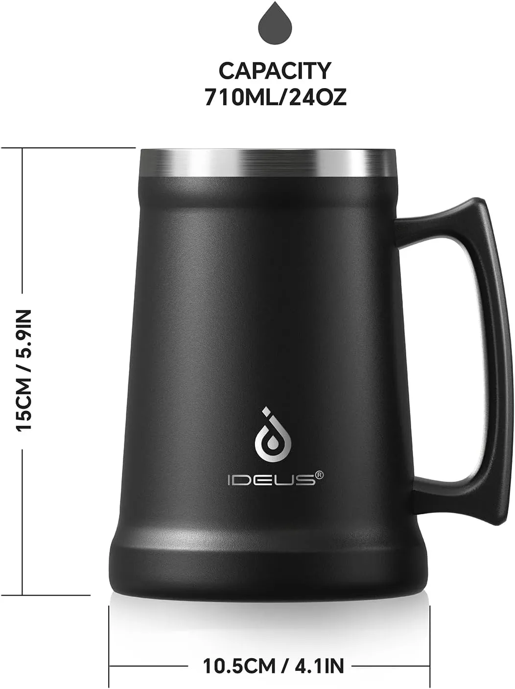 Ideus Insulated Beer Stein, 24/32oz Stainless Steel Double Walled Beer Mug Giant Bar Drinkware Metal Beer Cup with Big Grip Handle (24oz (710ml), Black)