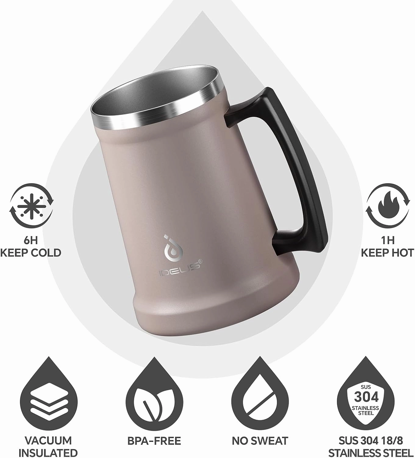 Ideus Insulated Beer Stein, 24/32oz Stainless Steel Double Walled Beer Mug Giant Bar Drinkware Metal Beer Cup with Big Grip Handle (24oz (710ml), Dusty Pink)