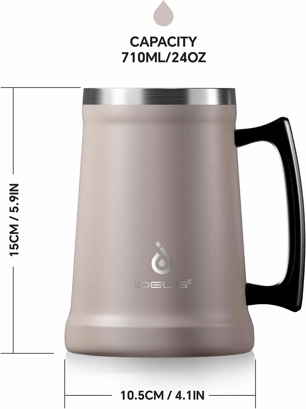 Ideus Insulated Beer Stein, 24/32oz Stainless Steel Double Walled Beer Mug Giant Bar Drinkware Metal Beer Cup with Big Grip Handle (24oz (710ml), Dusty Pink)