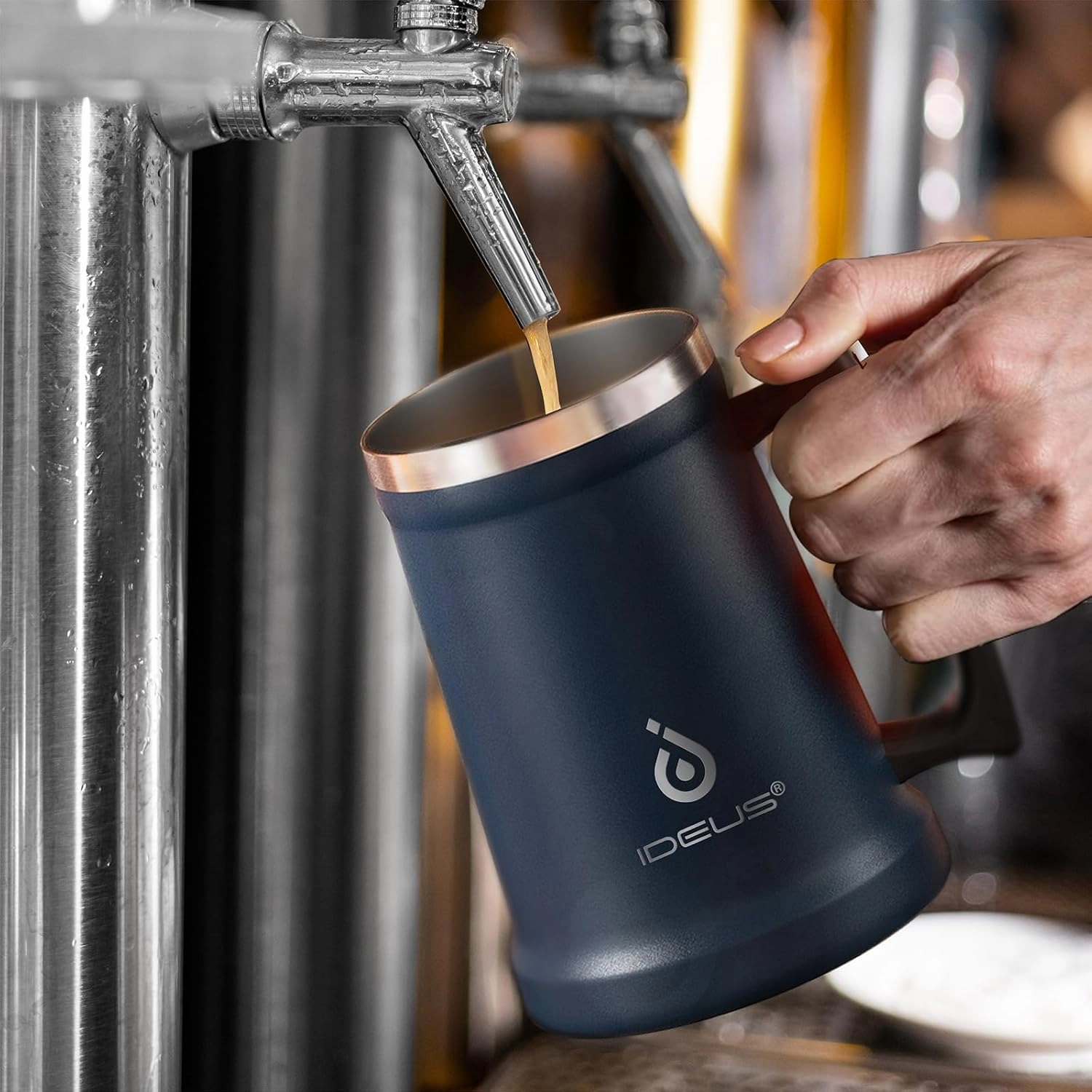 Ideus Insulated Beer Stein, 24/32oz Stainless Steel Double Walled Beer Mug Giant Bar Drinkware Metal Beer Cup with Big Grip Handle (34oz (1,000ml), Navy Blue)