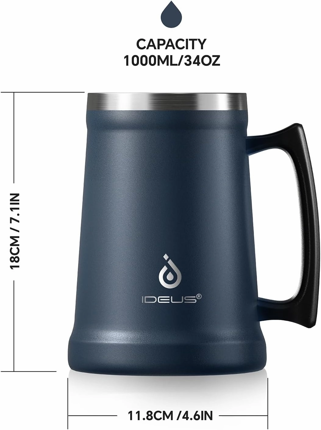 Ideus Insulated Beer Stein, 24/32oz Stainless Steel Double Walled Beer Mug Giant Bar Drinkware Metal Beer Cup with Big Grip Handle (34oz (1,000ml), Navy Blue)