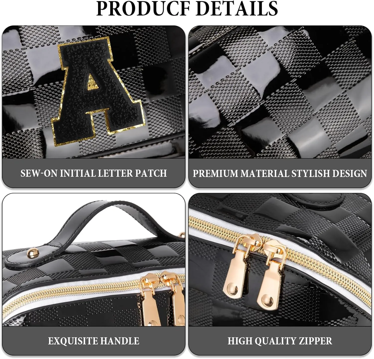 Initial Makeup Bag Large Capacity Travel Cosmetic Bag for Women PU Leather Open Flat Toiletry Bag with Handle and Divider Personalized Gifts for Women (Black A)