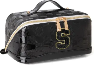 Initial Makeup Bag Large Capacity Travel Cosmetic Bag for Women PU Leather Open Flat Toiletry Bag with Handle and Divider Personalized Gifts for Women (Black S)