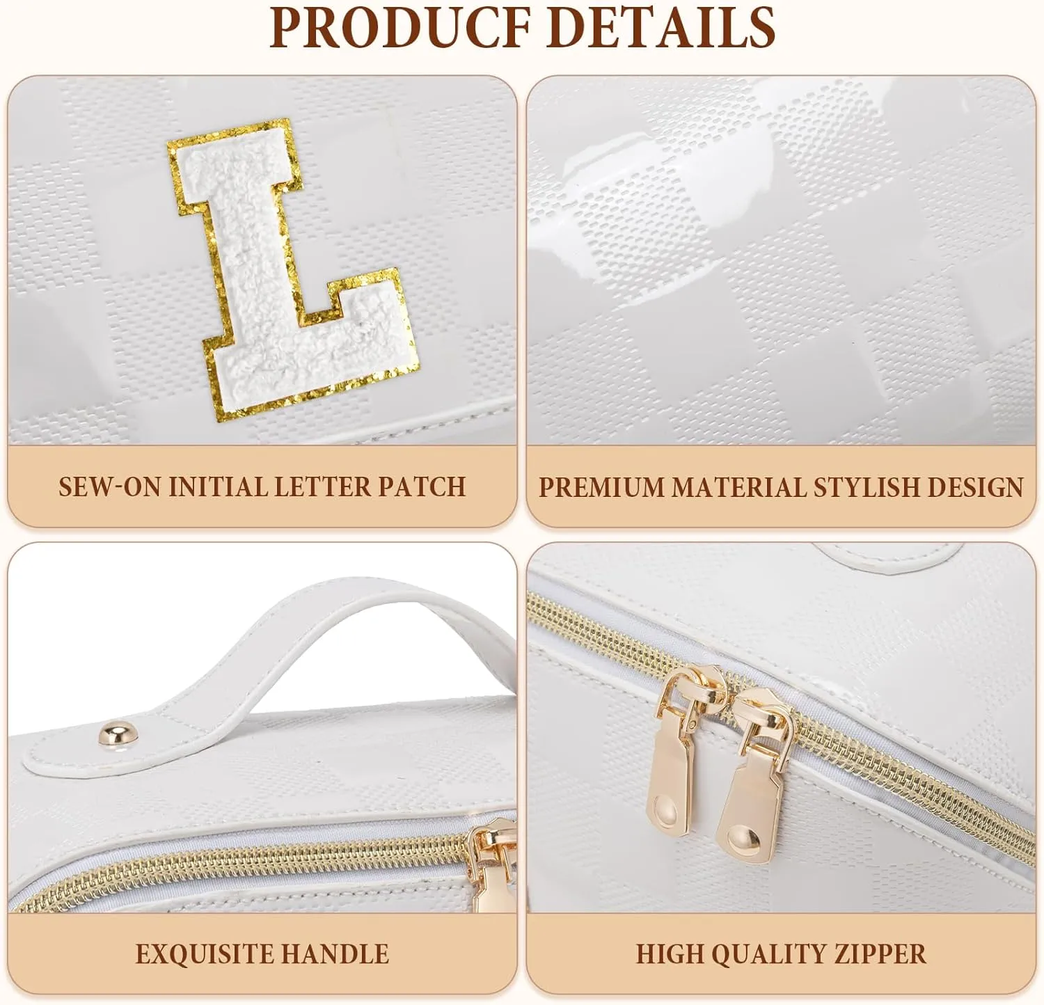 Initial Makeup Bag Large Capacity Travel Cosmetic Bag for Women PU Leather Open Flat Toiletry Bag with Handle and Divider Personalized Gifts for Women (Cream White L)