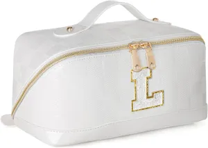 Initial Makeup Bag Large Capacity Travel Cosmetic Bag for Women PU Leather Open Flat Toiletry Bag with Handle and Divider Personalized Gifts for Women (Cream White L)