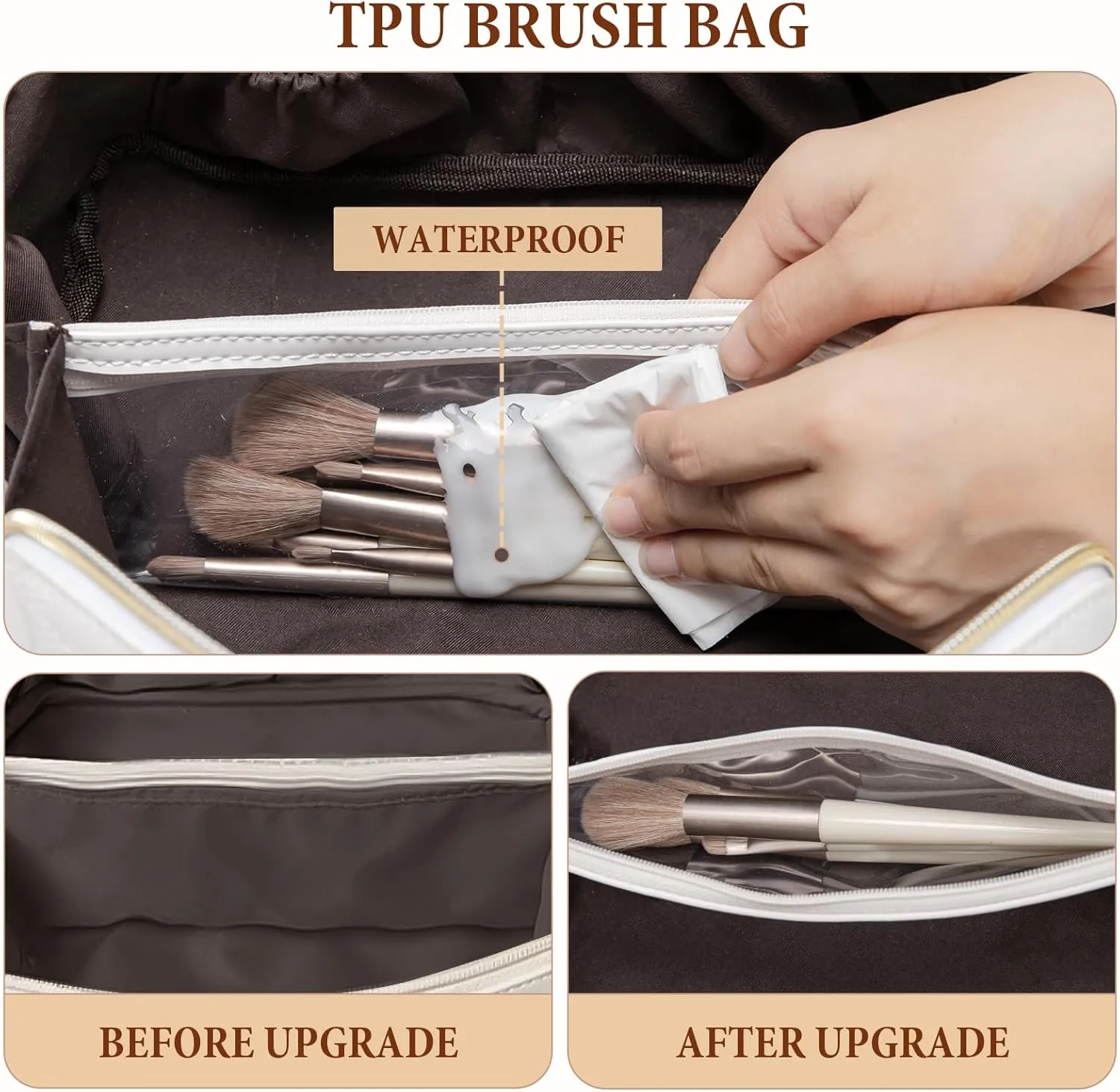 Initial Makeup Bag Large Capacity Travel Cosmetic Bag for Women PU Leather Open Flat Toiletry Bag with Handle and Divider Personalized Gifts for Women (Cream White L)