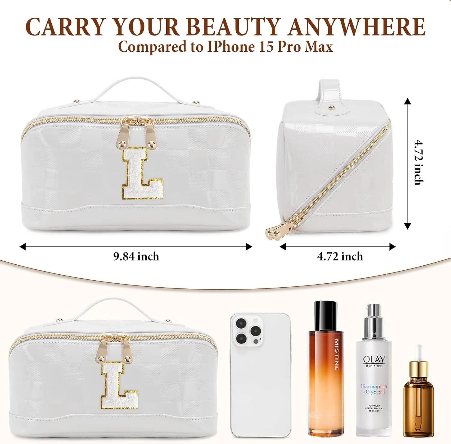 Initial Makeup Bag Large Capacity Travel Cosmetic Bag for Women PU Leather Open Flat Toiletry Bag with Handle and Divider Personalized Gifts for Women (Cream White L)
