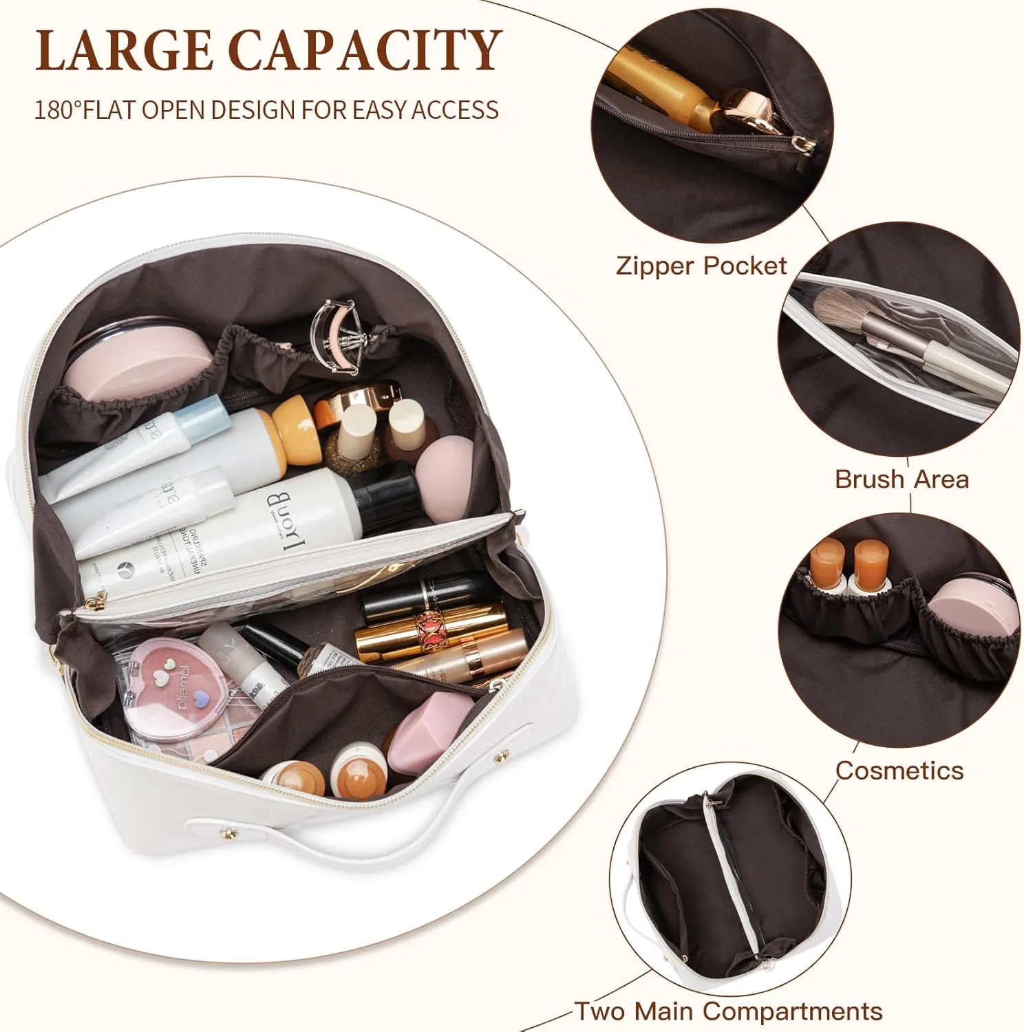 Initial Makeup Bag Large Capacity Travel Cosmetic Bag for Women PU Leather Open Flat Toiletry Bag with Handle and Divider Personalized Gifts for Women (Cream White L)