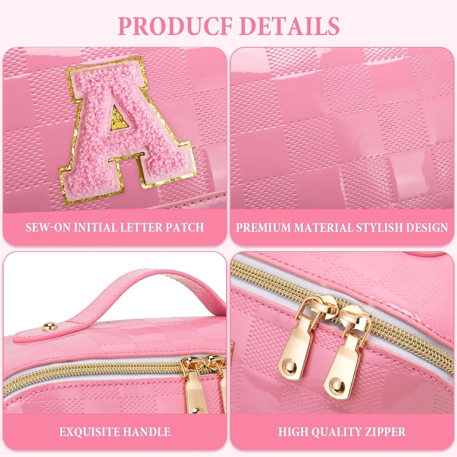 Initial Makeup Bag Large Capacity Travel Cosmetic Bag for Women PU Leather Open Flat Toiletry Bag with Handle and Divider Personalized Gifts for Women (Pink A)