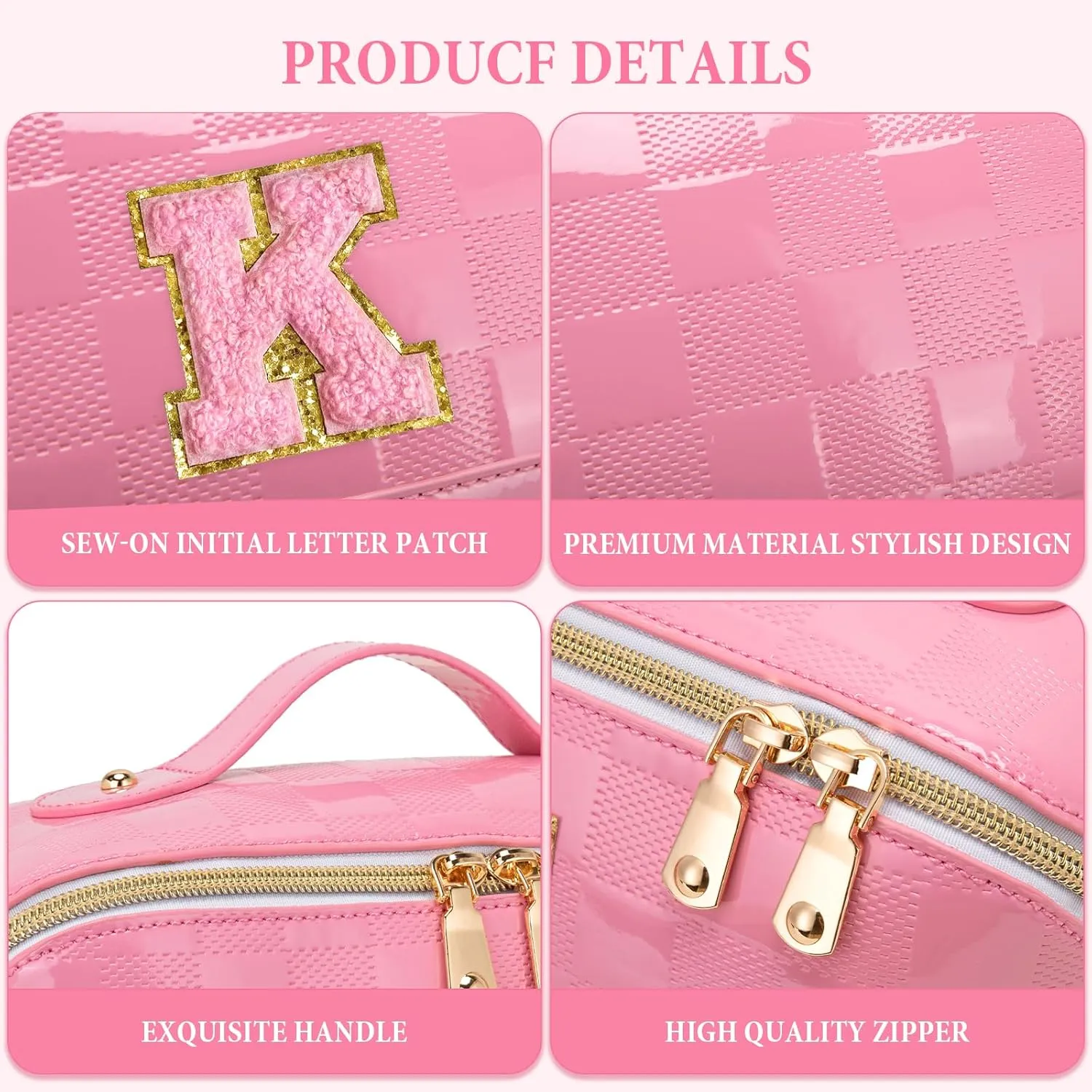Initial Makeup Bag Large Capacity Travel Cosmetic Bag for Women PU Leather Open Flat Toiletry Bag with Handle and Divider Personalized Gifts for Women (Pink K)