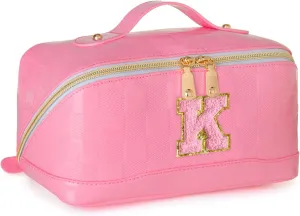 Initial Makeup Bag Large Capacity Travel Cosmetic Bag for Women PU Leather Open Flat Toiletry Bag with Handle and Divider Personalized Gifts for Women (Pink K)