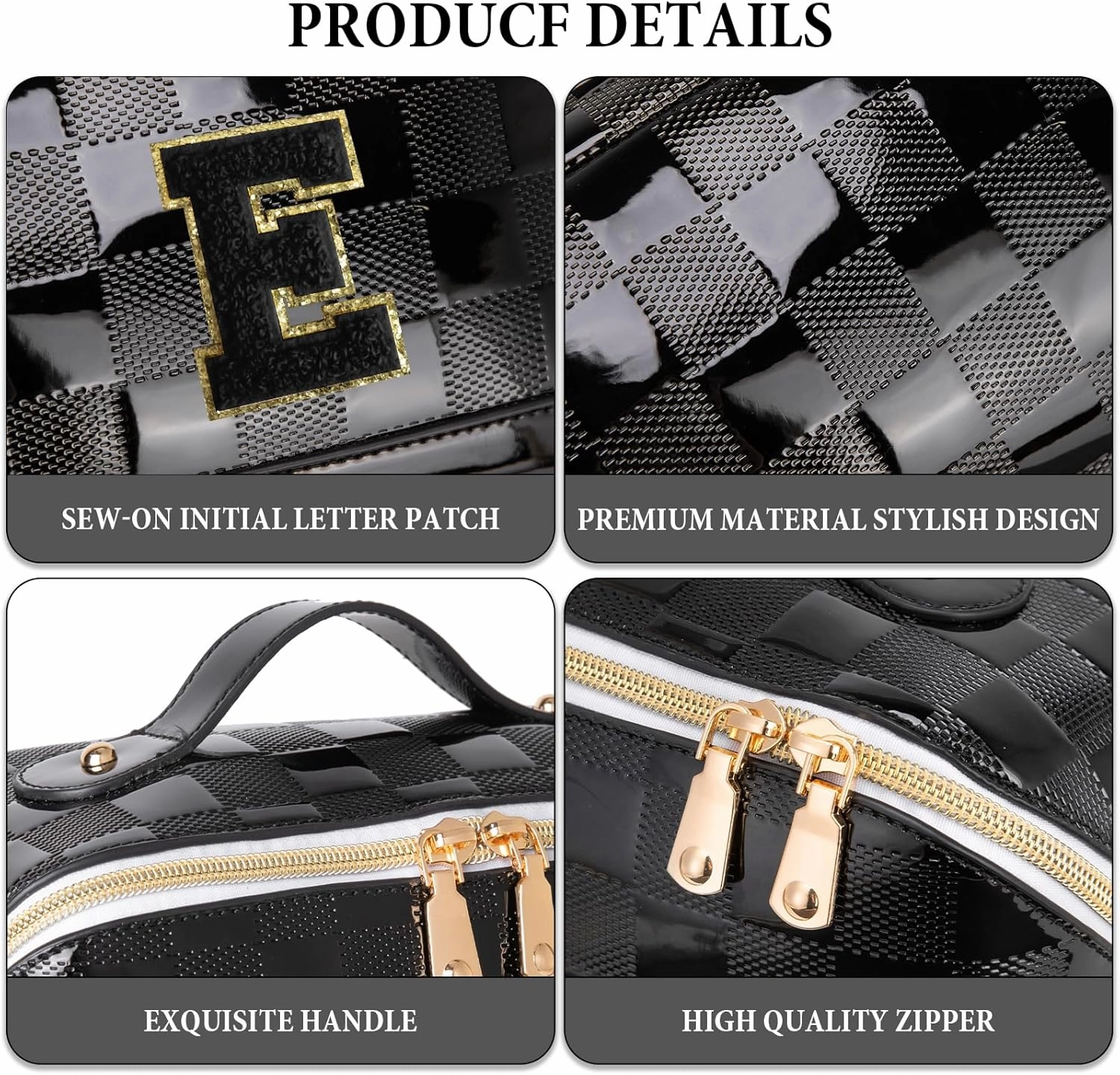 Initial Makeup Bag Large Capacity Travel Cosmetic Bag for Women PU Leather Open Flat Toiletry Bag with Handle and Divider Personalized Gifts for Women (Black E)