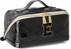 Initial Makeup Bag Large Capacity Travel Cosmetic Bag for Women PU Leather Open Flat Toiletry Bag with Handle and Divider Personalized Gifts for Women (Black E)
