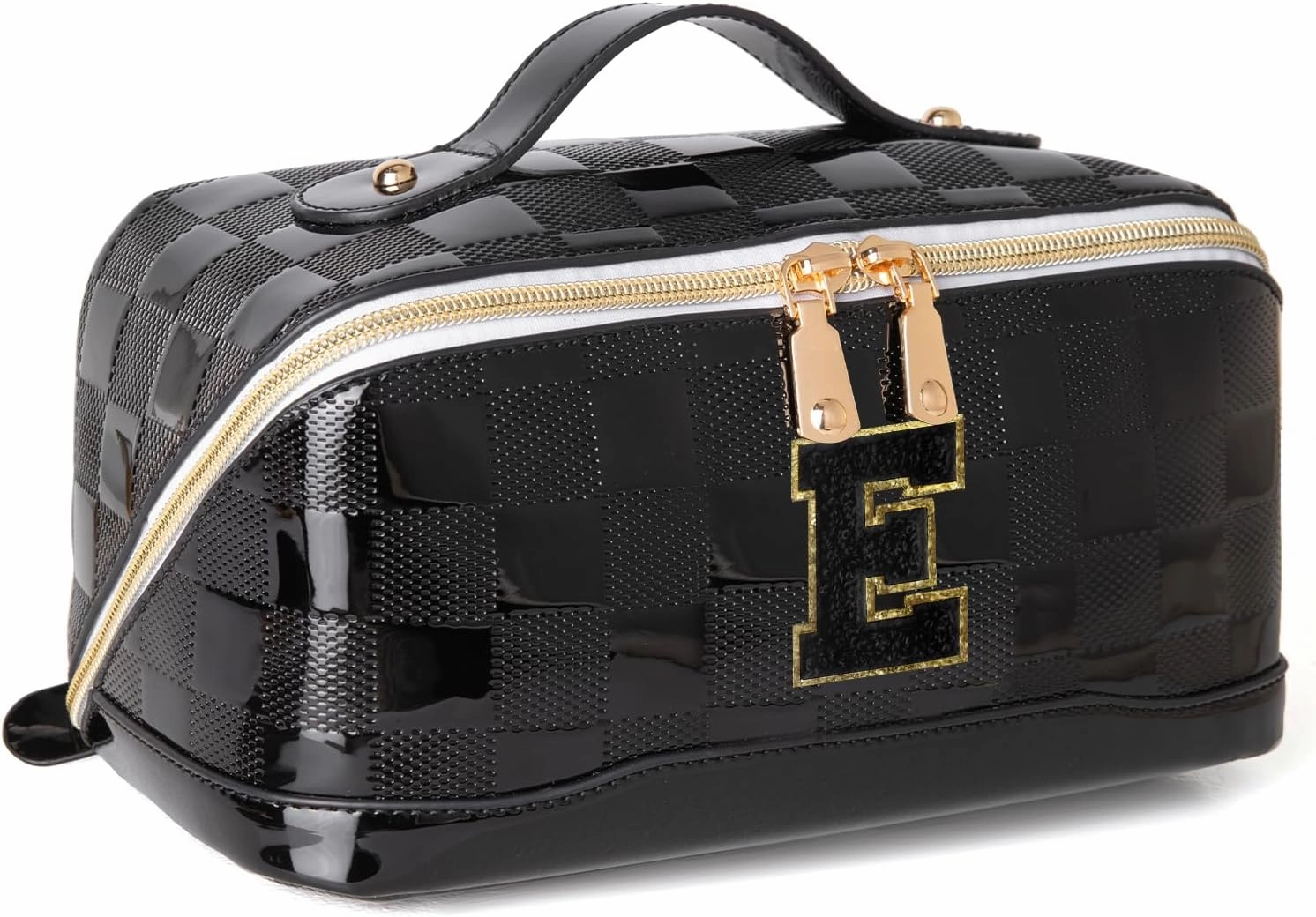 Initial Makeup Bag Large Capacity Travel Cosmetic Bag for Women PU Leather Open Flat Toiletry Bag with Handle and Divider Personalized Gifts for Women (Black E)
