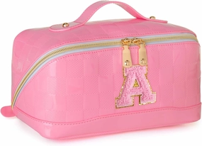 Initial Makeup Bag Large Capacity Travel Cosmetic Bag for Women PU Leather Open Flat Toiletry Bag with Handle and Divider Personalized Gifts for Women (Pink A)
