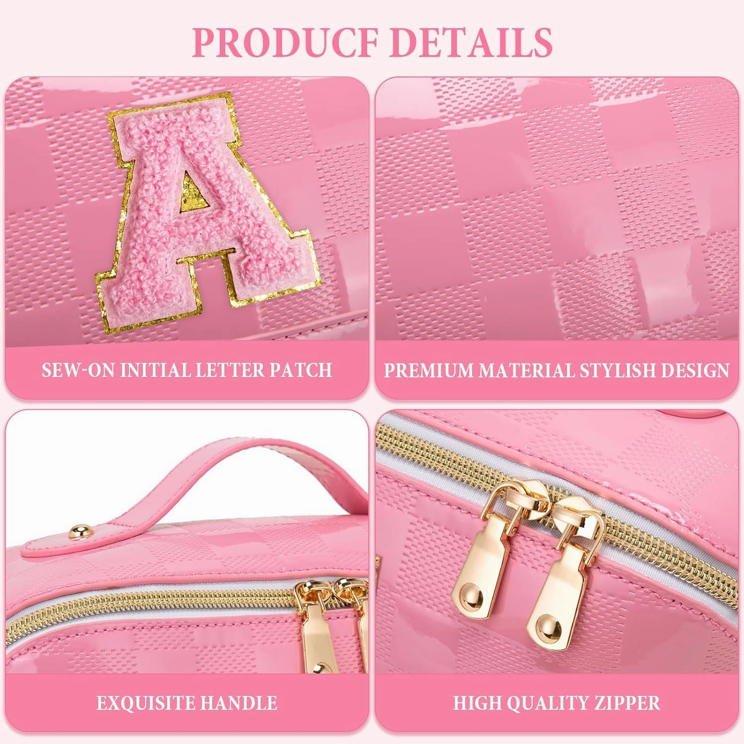 Initial Makeup Bag Large Capacity Travel Cosmetic Bag for Women PU Leather Open Flat Toiletry Bag with Handle and Divider Personalized Gifts for Women (Pink A)