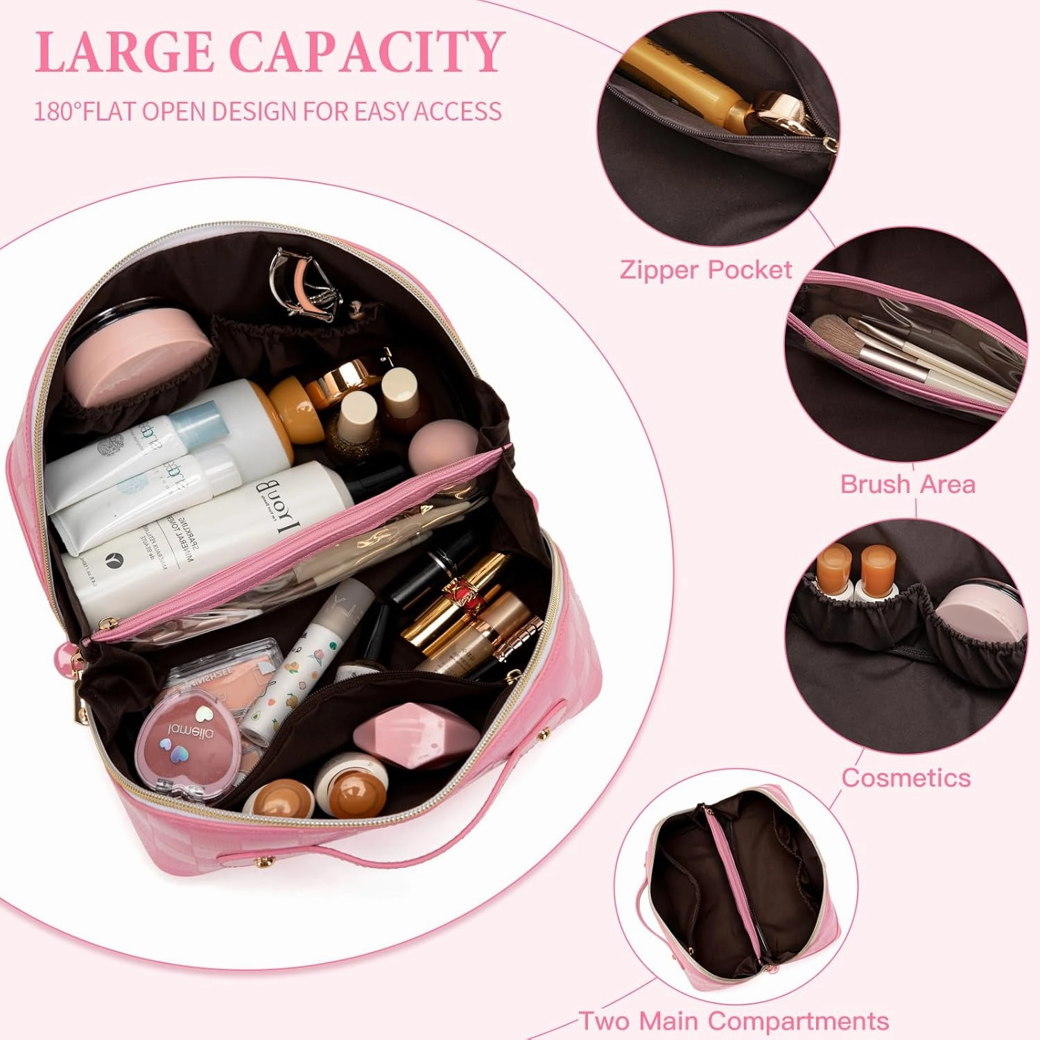 Initial Makeup Bag Large Capacity Travel Cosmetic Bag for Women PU Leather Open Flat Toiletry Bag with Handle and Divider Personalized Gifts for Women (Pink A)