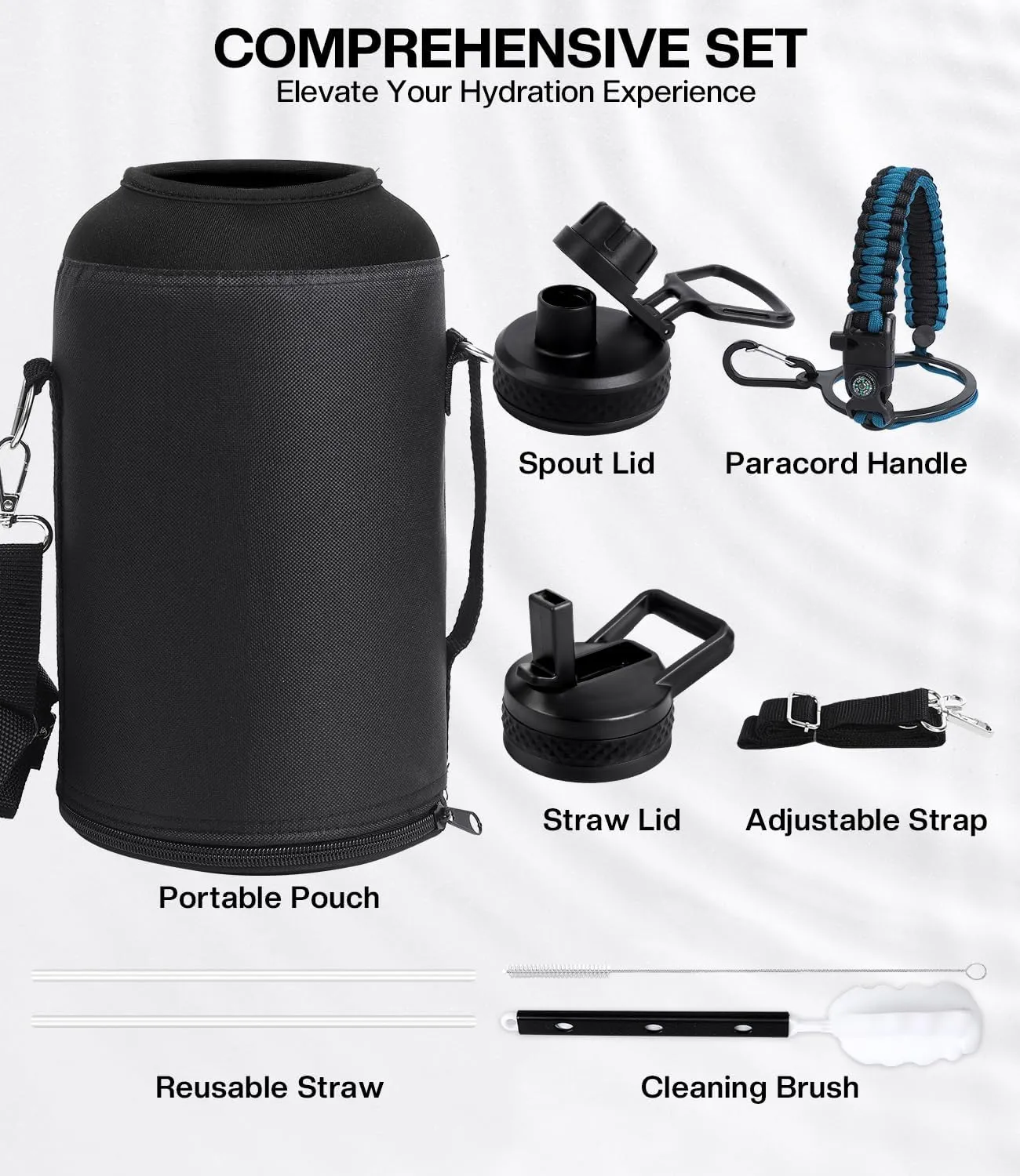 Insulated Gallon Water Bottle(COLD for 36 Hrs), Non-BPA & Leak Proof, 128 oz Stainless Steel Water Jug Large with Paracord Handle, Straw & Spout Lid, Indigo Black