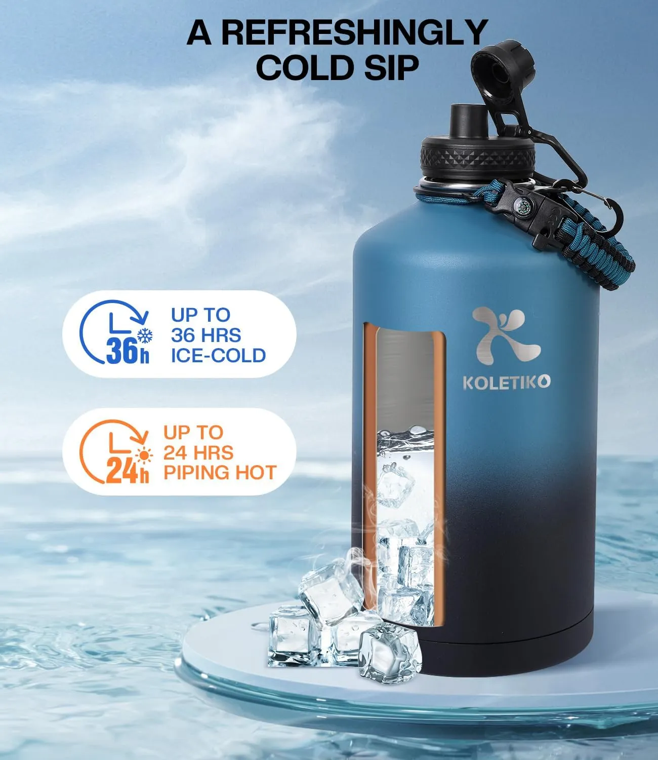 Insulated Gallon Water Bottle(COLD for 36 Hrs), Non-BPA & Leak Proof, 128 oz Stainless Steel Water Jug Large with Paracord Handle, Straw & Spout Lid, Indigo Black