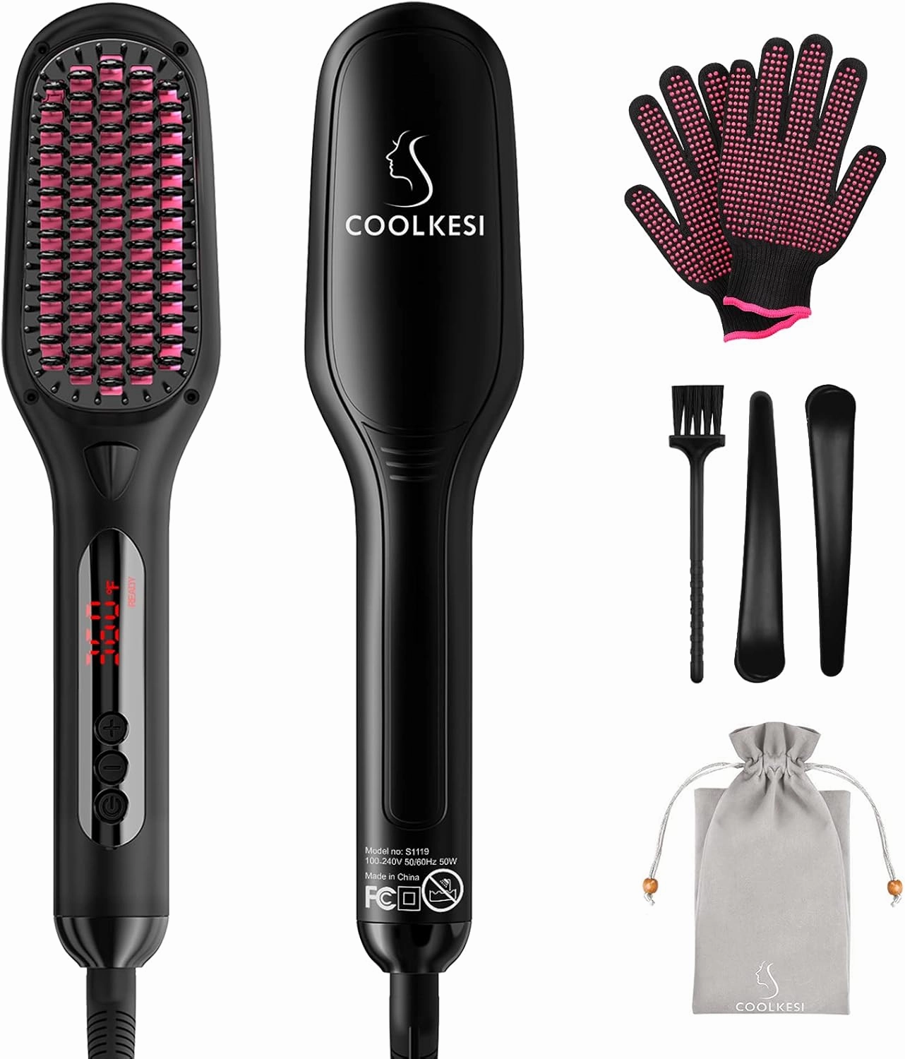 Ionic Hair Straightener Brush by COOLKESI, 30s Fast MCH Ceramic Heating Hair Straightening Brush with Anti Scald Feature, Auto-Off & Dual Voltage, Portable Frizz-Free Silky Electric Straightening Comb
