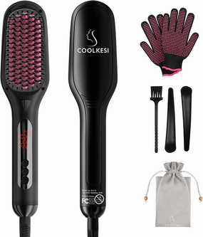 Ionic Hair Straightener Brush by COOLKESI, 30s Fast MCH Ceramic Heating Hair Straightening Brush with Anti Scald Feature, Auto-Off & Dual Voltage, Portable Frizz-Free Silky Electric Straightening Comb