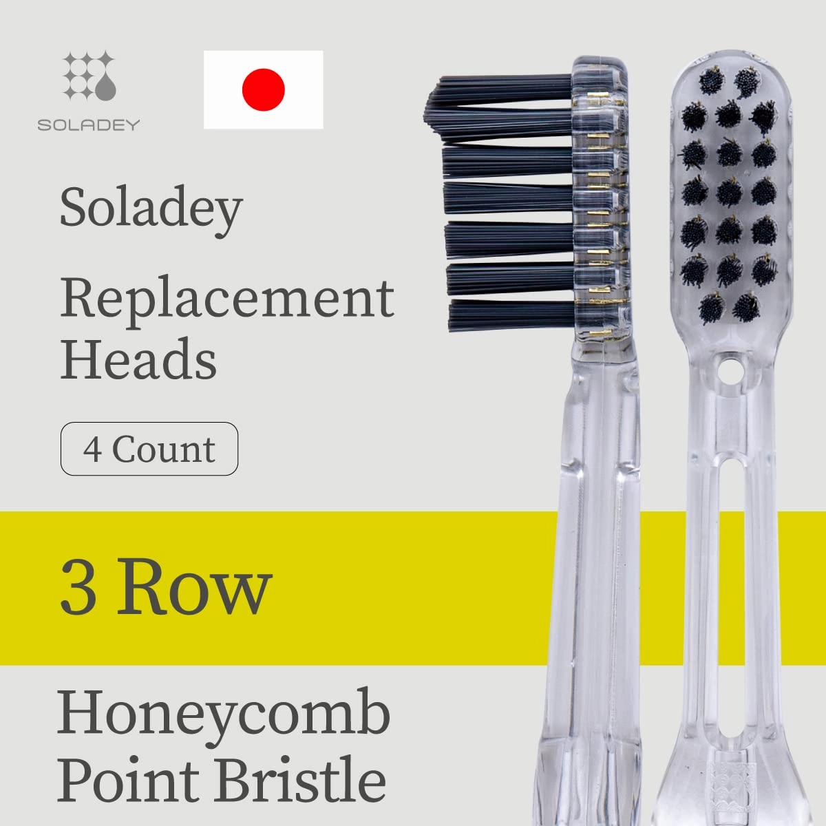 Ionic Toothbrush Replacement Brush Heads Refill, 4 Count -3 Row Honeycomb Point Bristle, Binchotan Charcoal and Silver Ions