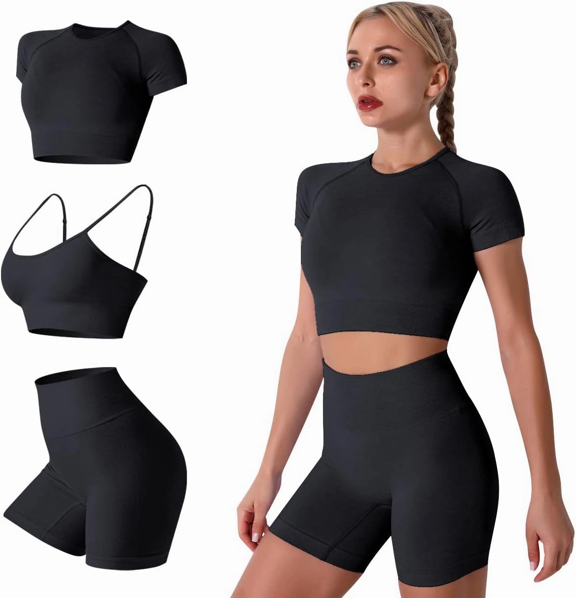 IWEMEK Women Seamless Yoga Outfits 2 Piece Workout Short Sleeve Crop Top with High Waisted Running Shorts Sets Activewear