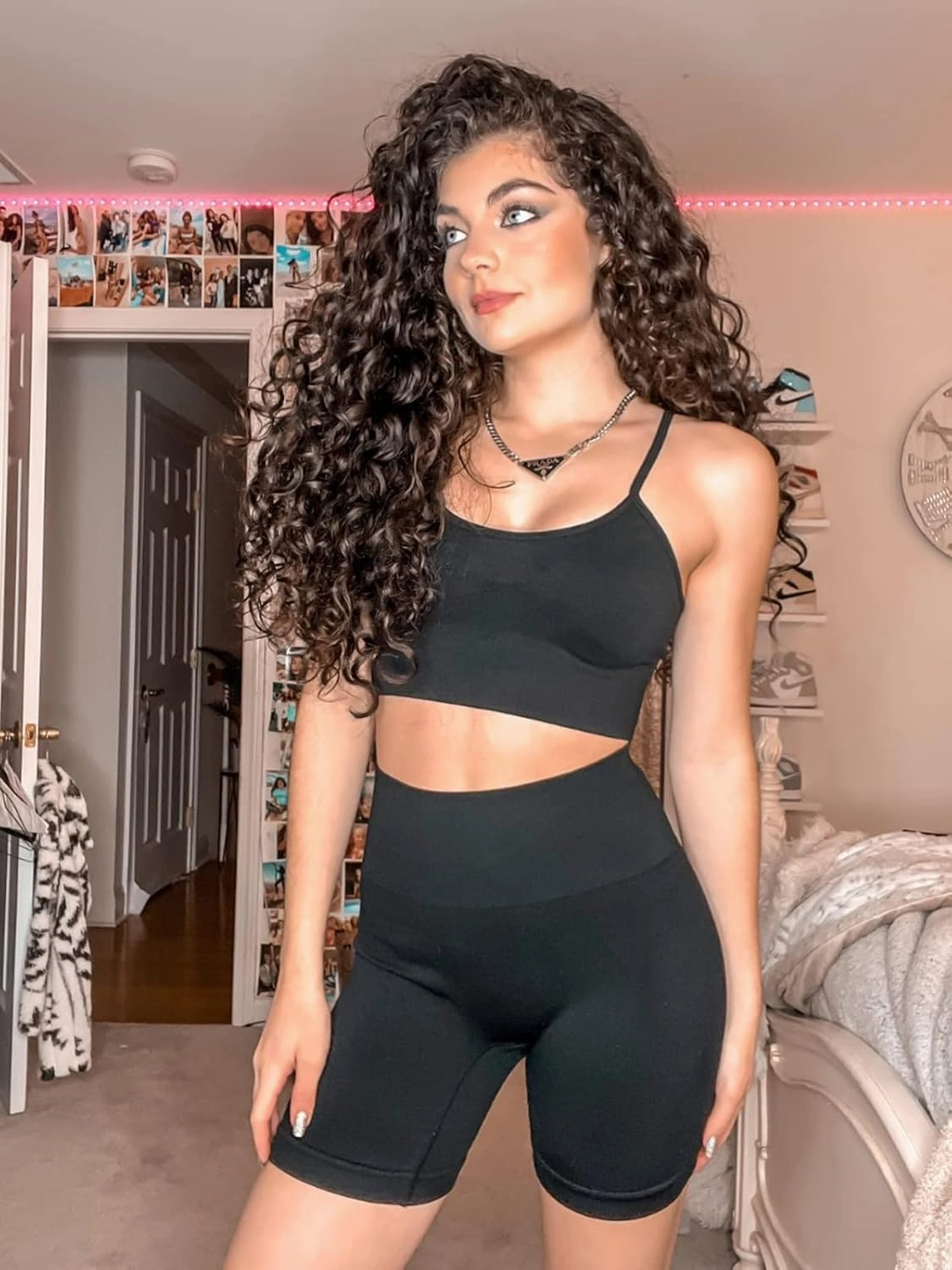 IWEMEK Women Seamless Yoga Outfits 2 Piece Workout Short Sleeve Crop Top with High Waisted Running Shorts Sets Activewear