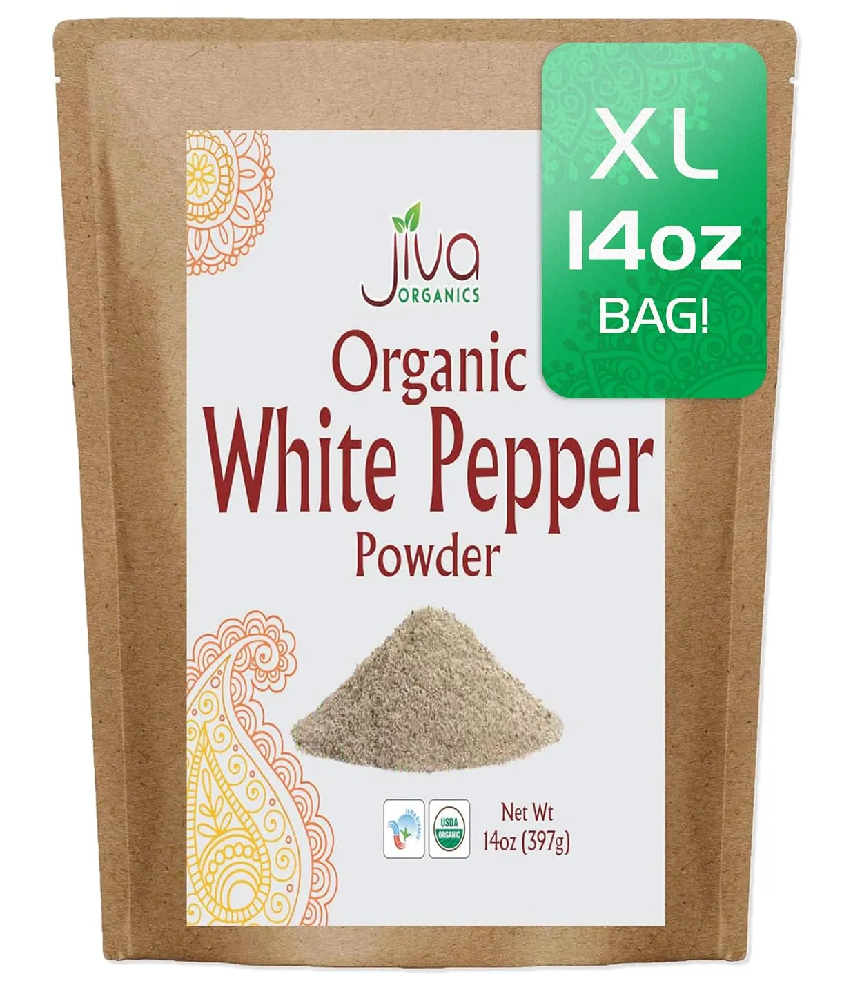 Jiva Organics Organic White Pepper Powder 14 Oz Bulk Bag - Non-GMO, Pure, Finely Ground