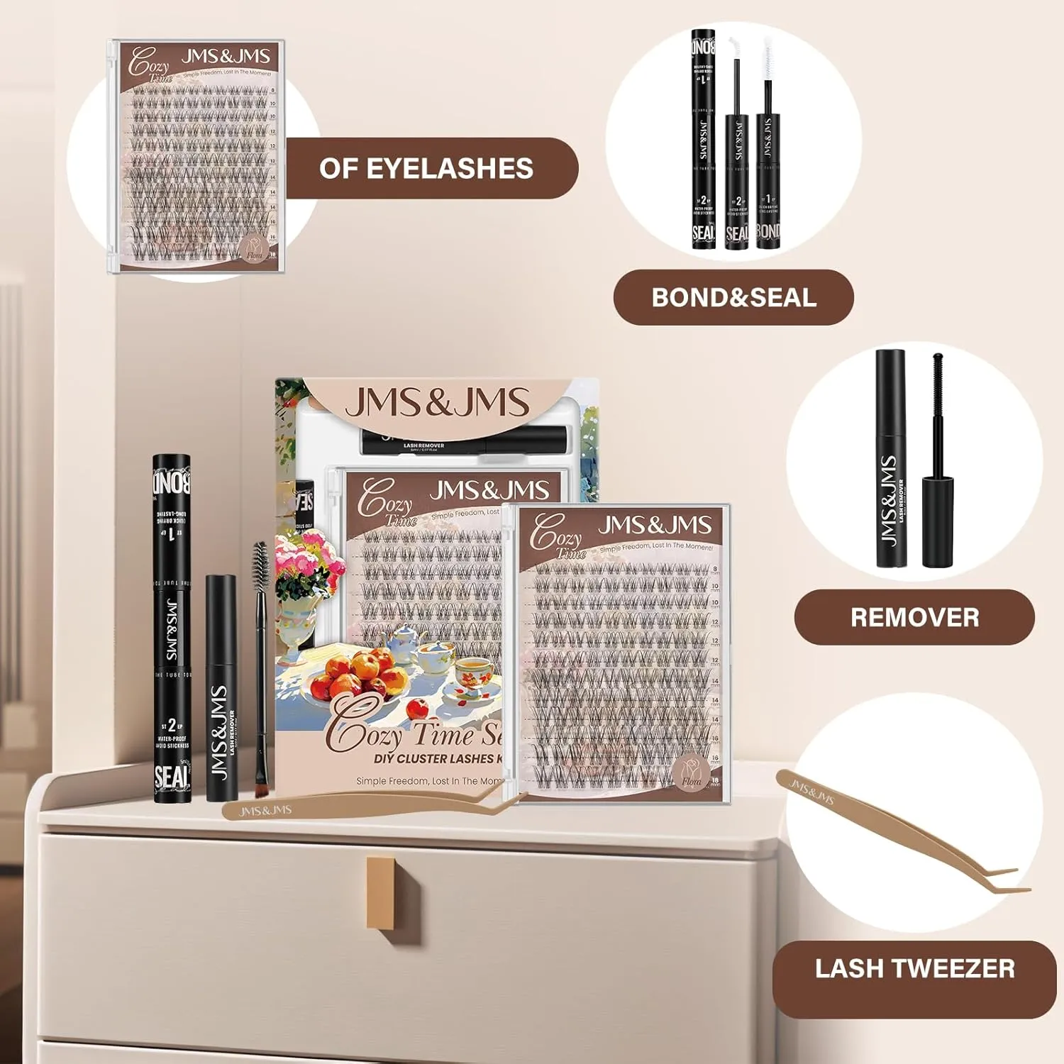 JMS&JMS Lash Clusters Kit 120 pcs Natural Cluster Lashes Invisible Band with Lash Bond and Seal Eyelash Applictor Lash Remover Eyelash Brush Lash Extension Kit for Beginner (Flora-8-18mix)
