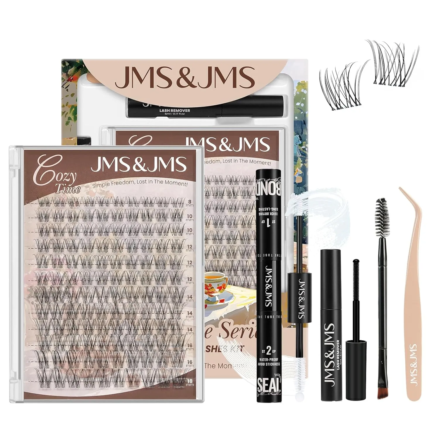 JMS&JMS Lash Clusters Kit 120 pcs Natural Cluster Lashes Invisible Band with Lash Bond and Seal Eyelash Applictor Lash Remover Eyelash Brush Lash Extension Kit for Beginner (Flora-8-18mix)