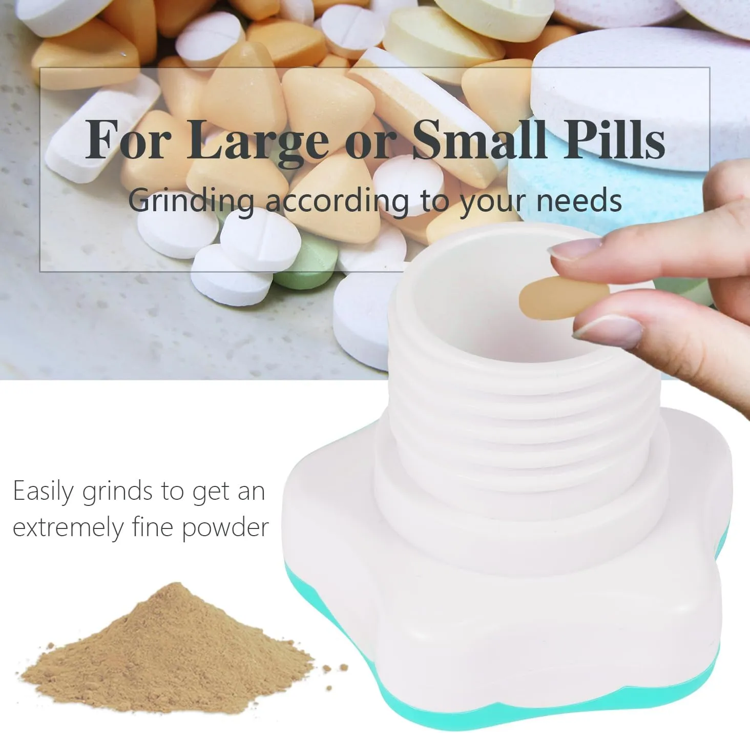 Johnbee Pill Crusher, Pill Grinder Fine Powder Extremely Fine. Storage Compartment. Pill Crushers for Elderly, Family and Pets. Silicone Edges. Grind Multiple Pills at Once - Cleaning Brush (Cyan)