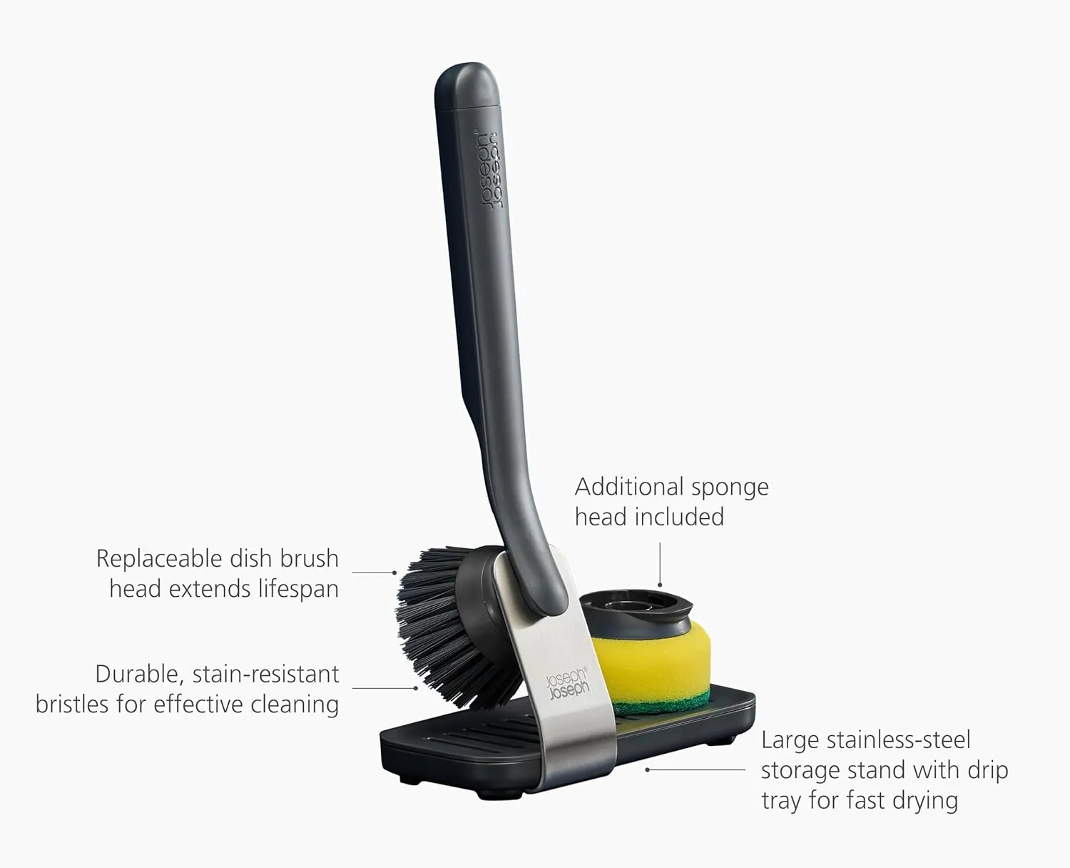 Joseph Joseph SinkTech Dish Brush and Sponge Set with Replacable Heads and Large Stainless-Steel Storage Stand Drip Tray