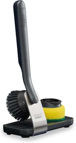 Joseph Joseph SinkTech Dish Brush and Sponge Set with Replacable Heads and Large Stainless-Steel Storage Stand Drip Tray