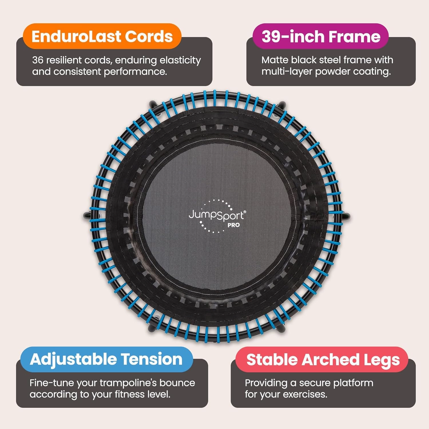 JumpSport 350 PRO Indoor Heavy Duty Fitness Trampoline, 39-inch | 36 Premium EnduroLast 4 Elastic Cords | Customized Bounce with 7 Settings | 300 lb Wt. Rating | 60-Day Free Trial to 350  Videos