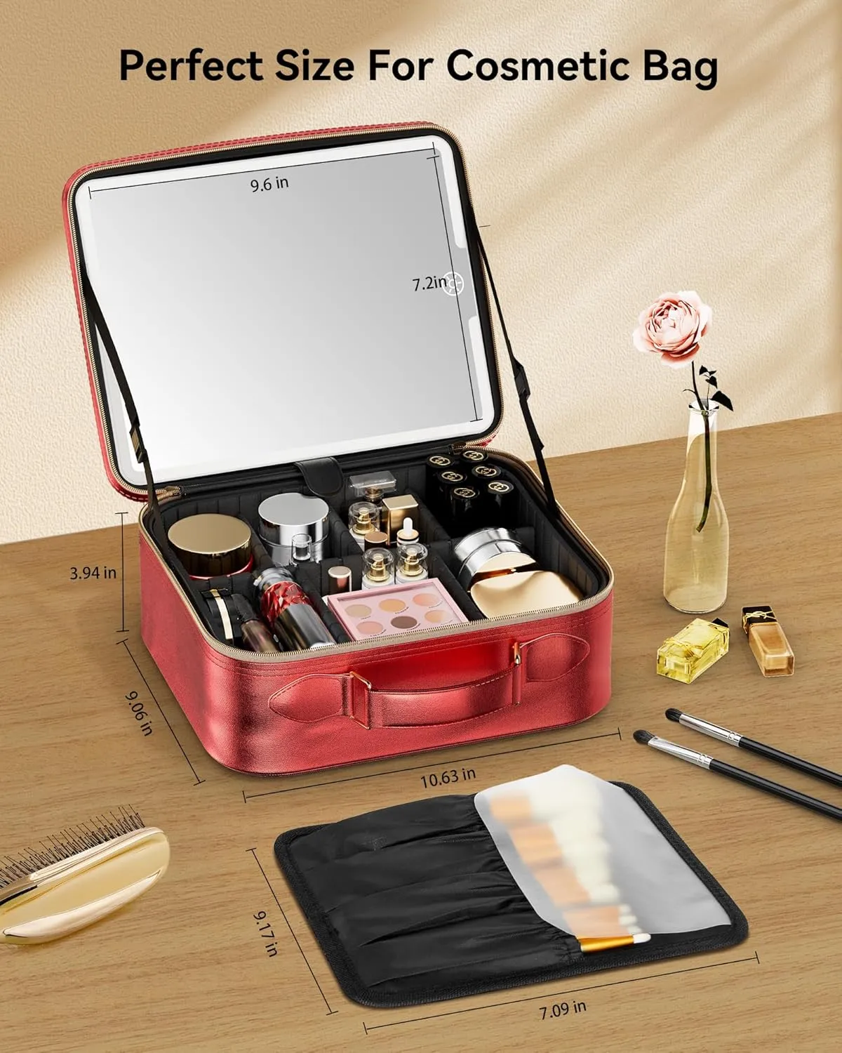 JUSRON Travel Makeup Bag (Red, Medium)